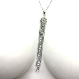VINTAGE TASSEL NECKLACE SILVER TONE CHAIN with RHINESTONES
